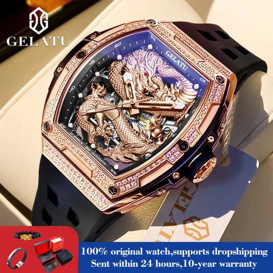 Big Dial Waterproof Silicone Strap Clock Luminous GELATU 6021 Hollow Dragon Mechanical Watch For Men