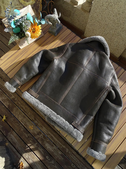 100% Real Sheepskin Shearling Winter Men's Leather Coat