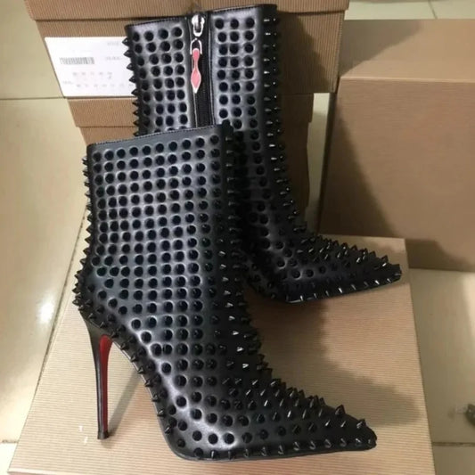 Luxury Fashion Rivet Pointed Toe Crystal Red Sole Shoes Ankle Boots for Woman