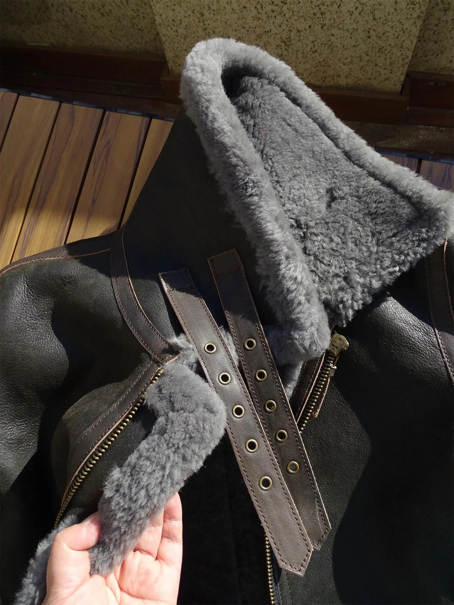 100% Real Sheepskin Shearling Winter Men's Leather Coat