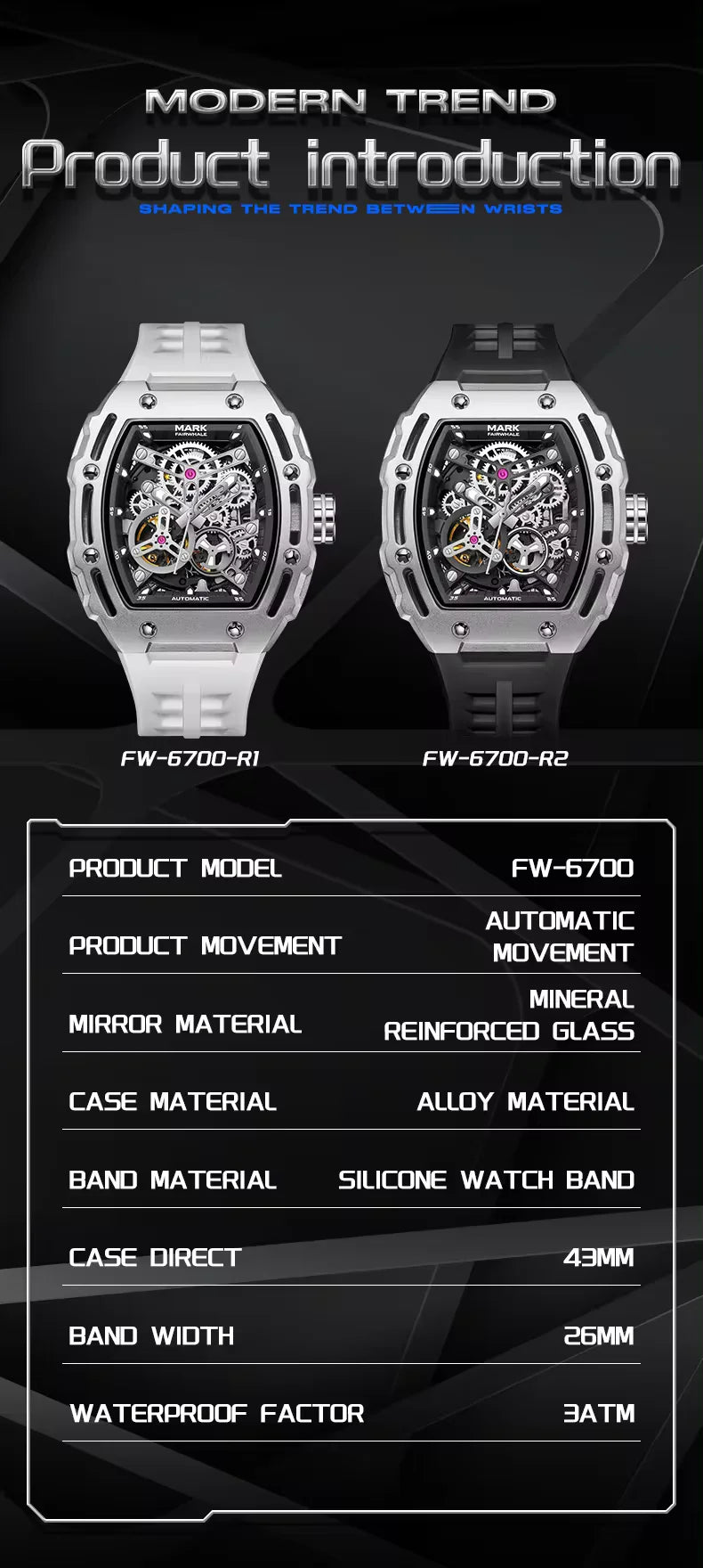 Mark Fairwhale Skeleton Design Cool Waterproof Sports High End Watch For Men